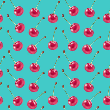 Illustration realism seamless pattern berry red cherry on a blue green background. High quality illustrationの写真素材