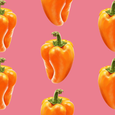 Illustration realism seamless pattern vegetable paprika orange color on a blue background. Sweet bell pepper. High quality illustrationの写真素材