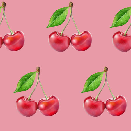 Illustration realism seamless pattern berry red cherry with green leaf on a pink background. High quality illustrationの写真素材