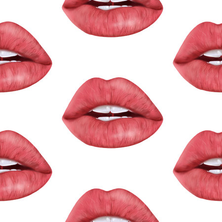 Illustration realism seamless pattern female lips of pink color on a white isolated background. High quality illustrationの写真素材