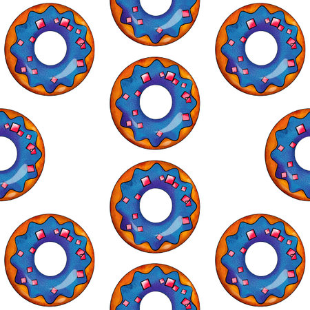 Seamless pattern of blue donuts on a white isolated background. Confectionery sweets top view. High quality illustrationの写真素材