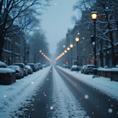 Winter city street with snow covered trees and street lights at night.の素材