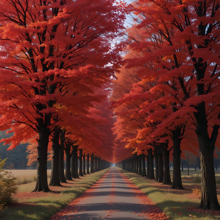 Autumn road with red maple trees in the background, 3d renderの素材