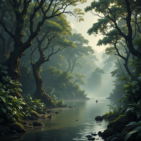 Foggy morning in the jungle. 3D render. Nature backgroundの素材