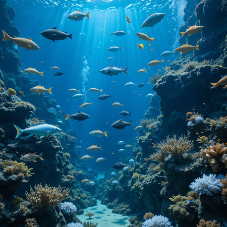Underwater view of tropical coral reef with fishes and corals.の素材
