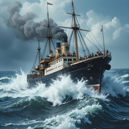 Vintage ship sailing in the stormy sea, 3d illustrationの素材