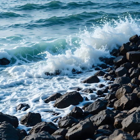 Beautiful seascape. Waves breaking on the rocky shore.