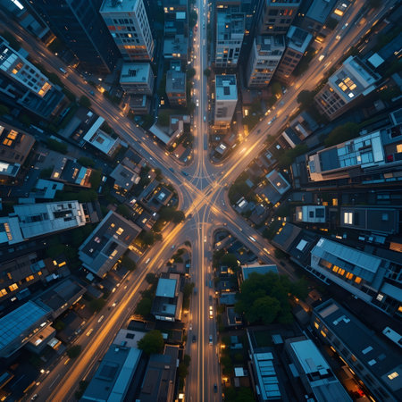 Aerial view of a highway at night. Top view of the city.