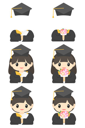 Graduate students with graduation hats and gowns, vector illustration.のイラスト素材