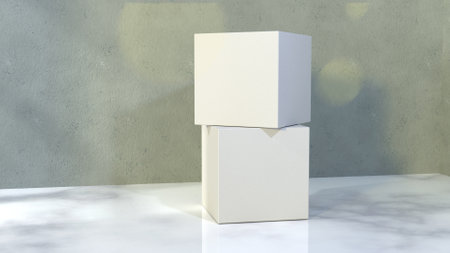 Mockup of three white cardboard boxes standing on white marble floor. 3D renderingの写真素材