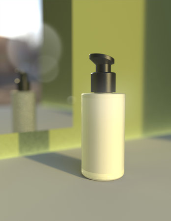 Cosmetic bottle mock up on table. 3d render illustration.の写真素材