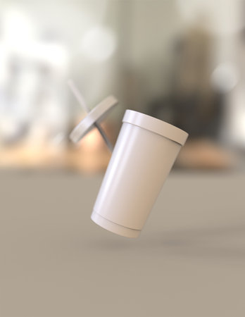 Coffee cup on table in coffee shop. 3d renderingの写真素材