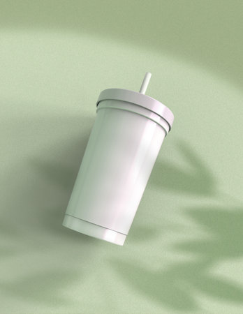 White paper cup on a green background with shadows. 3d renderingの写真素材