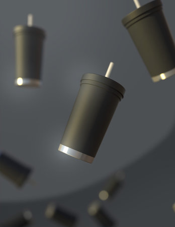 3d render of black disposable coffee cups floating in the air.