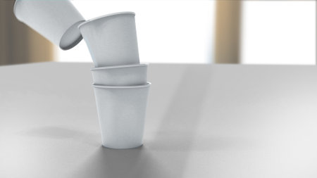 3d rendering of white paper cups on a table in the officeの写真素材