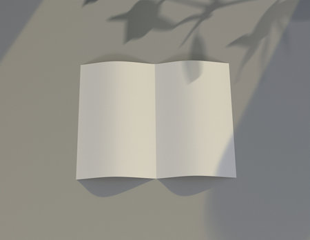 Showcase your content with this 3D illustration of a blank brochure mock-up, featuring a simple and harmonious background. 11'' 8.5'' size.の写真素材