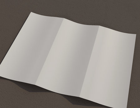 Showcase your content with this 3D illustration of a blank brochure mock-up, featuring a simple and harmonious background. Roll-Fold 297mm 210mm size.の写真素材