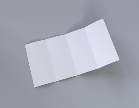 Showcase your content with this 3D illustration of a blank brochure mock-up, featuring a simple and harmonious background. Four panel brochure.の写真素材