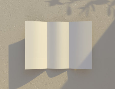 Showcase your content with this 3D illustration of a blank brochure mock-up, featuring a simple and harmonious background. Roll-Fold 297mm 210mm size.の写真素材