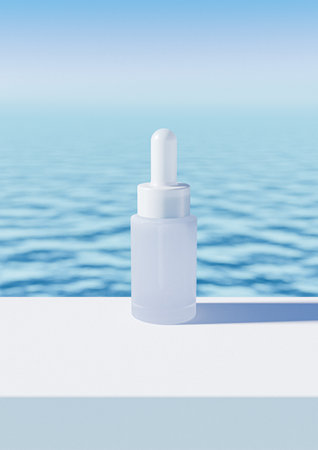 Cosmetic bottle on the background of the sea. 3d render. A cosmetics mock-up image. Serum product mock up image.の写真素材