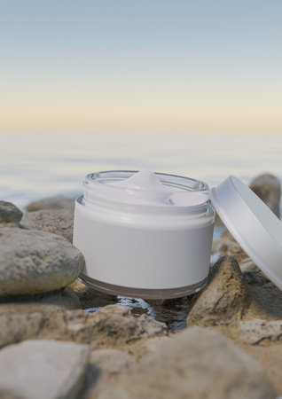 Cosmetic cream in a jar on a pebble beach. A cosmetics mock-up image file. Lotion and moisturizer product mock-up image. Face cream product.の写真素材