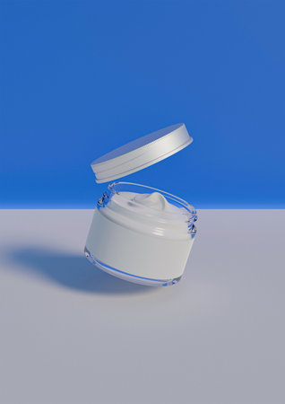 cosmetic cream in a jar on a blue background, 3d render. A cosmetics mock-up image file. Lotion and moisturizer product mock-up image. Face cream product.の写真素材