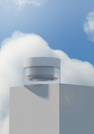 3D render of a cosmetic container against a blue sky with clouds. A cosmetics mock-up image file. Lotion and moisturizer product mock-up image. Face cream product.の写真素材