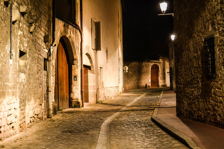 Night Alley Beaune Large Doors and Steet lampsの写真素材