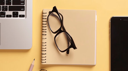 Office desk table with laptop, smartphone, notebook and glasses. Top view with copy spaceの素材