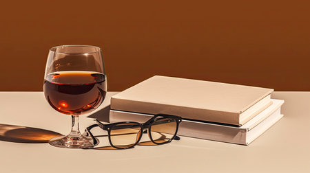 Glass of cognac with books and glasses on a white table.の素材