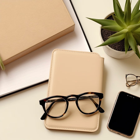 Flat lay, top view office desk table with notebook, eyeglasses, smartphone and succulent.の素材