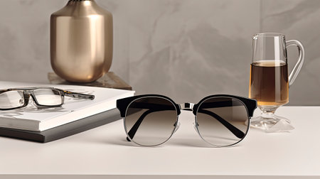 Glasses and a cup of tea on the table. 3D renderingの素材