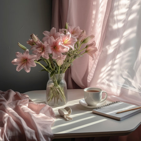 A bouquet of pink alstroemeria flowers in a vase, a notebook and a cup of coffee on a white table.の素材