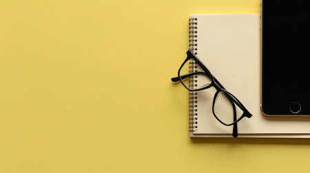 Notebook and eyeglasses on yellow background. Top view.の素材