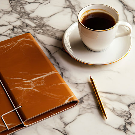 Cup of coffee and notebook on white marble table, closeupの素材