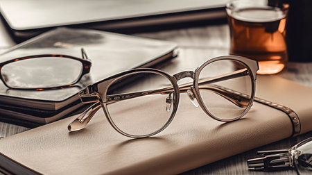 Glasses and notebook on the table in office. Business concept.の素材