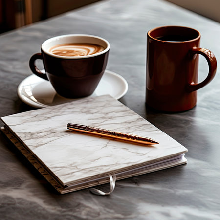 Coffee cup and notebookle table in coffee shop.の素材