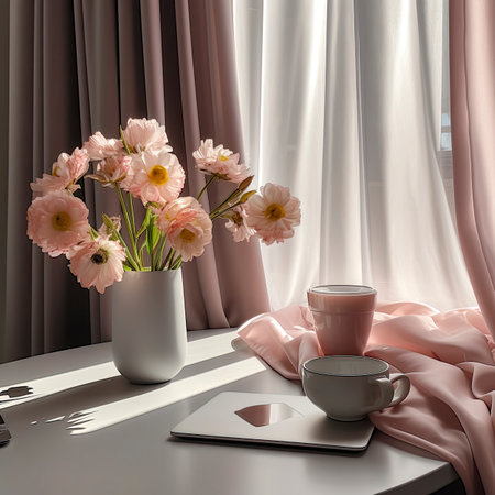 Still life with a cup of coffee and a bouquet of flowers on the tableの素材
