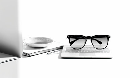Laptop and eyeglasses on white background. 3D rendering.の素材
