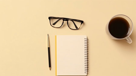 Office desk table with blank notepad, pen, glasses and coffee cup. Top view with copy spaceの素材