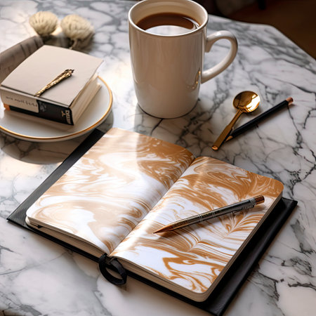 Notebook with cup of coffeele table, close up.の素材