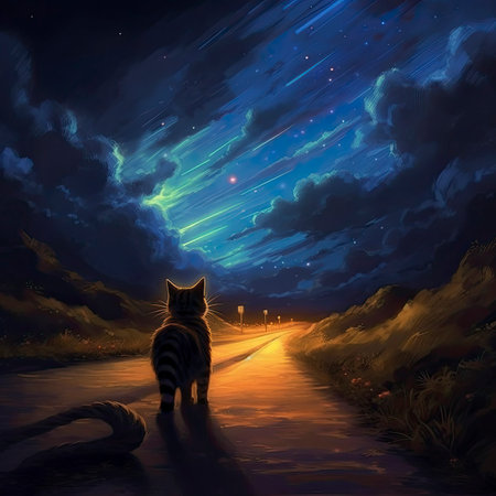 Illustration of a cat walking on the road towards the starry skyの素材