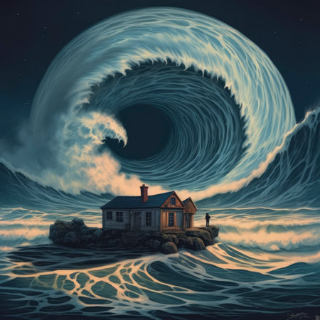Fantasy landscape with a house on the island in the sea.の素材