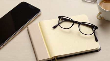 Notebook with eyeglasses and smartphone on the wooden table.の素材