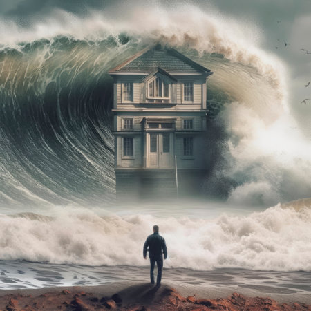Surfer looking at a house on a stormy ocean wave.の素材