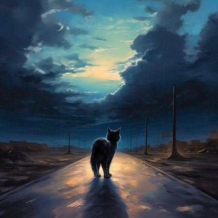 Walking wolf on the road in the evening. Digital painting.の素材