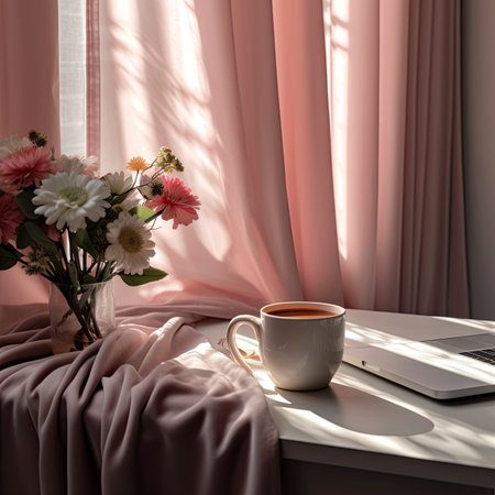 Cup of coffee and flowers on the table in the morning.の素材