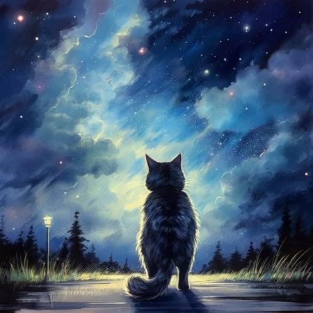 Fantasy landscape with a gray cat on the background of the night sky.の素材