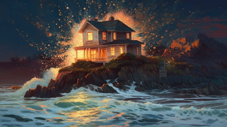 House in the sea at night. Digital painting. 3D illustration.の素材