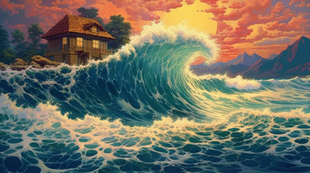 Sea wave and house in the background, 3d render illustration.の素材